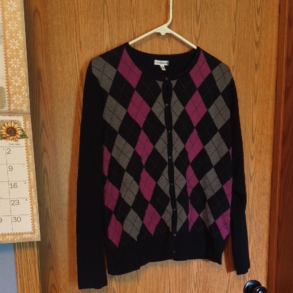 Croft & Barrow Black and Pink Argyle Cardigan